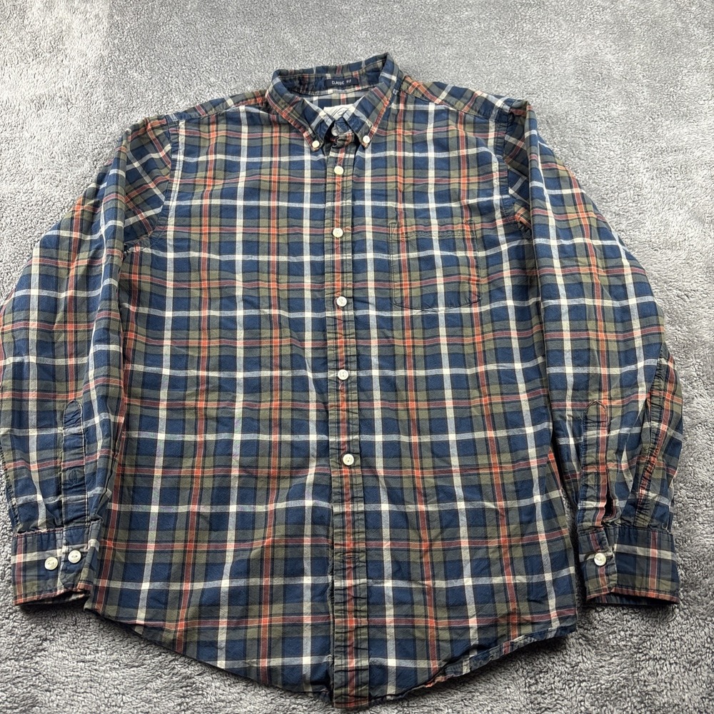 St. John's Bay Long Sleeve Bottom Up Shirt Mens Medium Orange Blue Plaid Classic